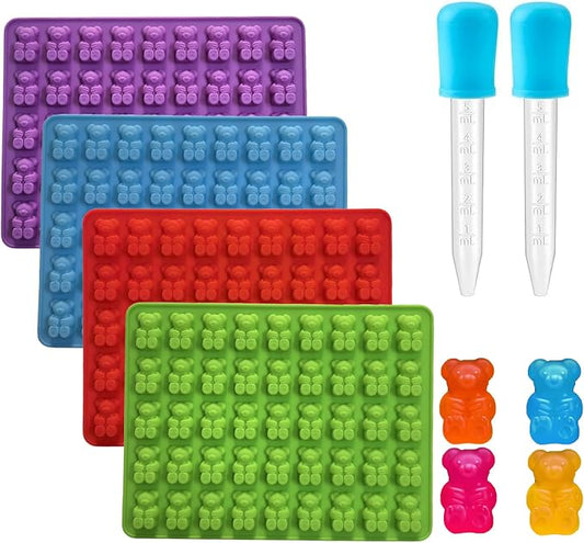 4Pcs Gummy Candy Molds - Silicone Gummy Bear Molds with 2Pcs Dropper,Non-stick and Bpa Free for Candy Chocolate Gummies Baking