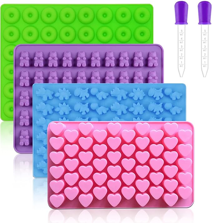 Silicone Gummy Molds Set of 4, Candy Molds with 2 Droppers for Convenient Filling, Chocolate Molds Set Includes Dinosaur, Bear, Donut and Heart Molds