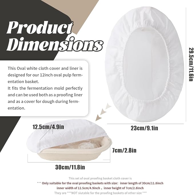 6 Pack Elastic Bread Proofing Basket Covers - Premium Linen & Cotton Liners for 12 inch Oval Sourdough Banneton, Non-Stick, Breathable Fermentation Cloth for Sourdough & Artisan Baking
