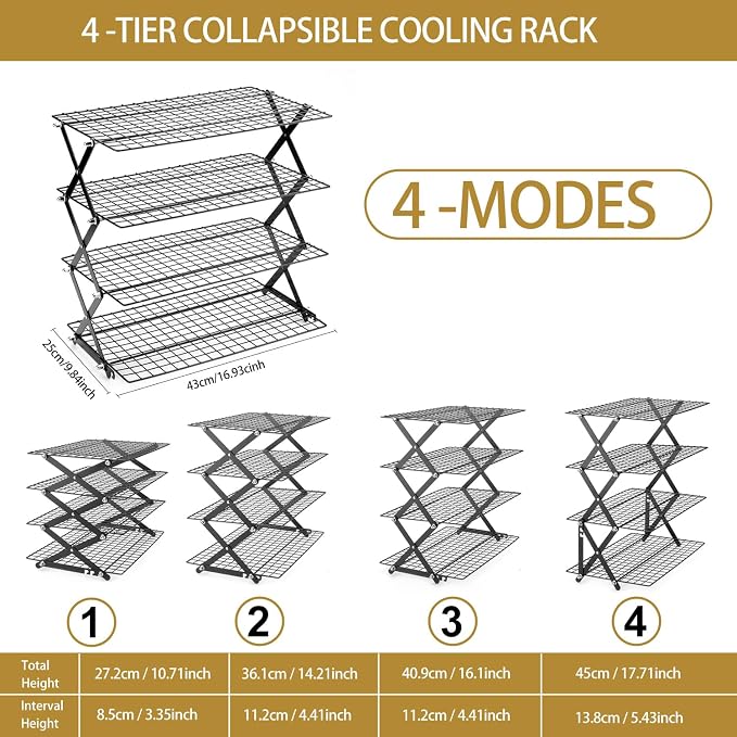 4-Tier Stackable Cooling Rack for Baking, Collapsible Wire Cookie Rack with Adjustable Heights, Non-Stick Roasting & Drying Rack for Cupcakes, Pies and Pastries, Space-Saving Kitchen Essential