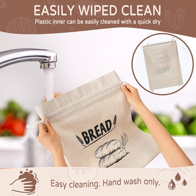 Bread Bags for Homemade Bread, Linen Bread Bag Storage, Reusable Sourdough Bread Bags with Plastic Liner, Drawstring Bread Container for Toast, Loaf,Sandwich Fresh Longer