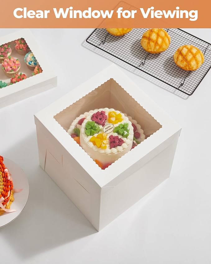 Kootek Cake Box with Board Drum, 12x12x12 Inches Tall Bakery Box with Window, Disposable Cake Container with Lid for Cake, Treat Cookie Dessert, Pastry, Birthday Party, Weddings