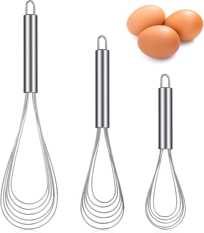 Patelai 3 Pieces Kitchen Flat Whisk Set Stainless Steel Flat Wire Egg Whisk Cooking Kitchen Utensil for Cooking Blending Whisking Beating Mixing Stirring Sauces Batter(8'', 10'', 11.6'')