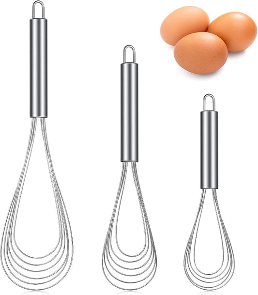 Patelai 3 Pieces Kitchen Flat Whisk Set Stainless Steel Flat Wire Egg Whisk Cooking Kitchen Utensil for Cooking Blending Whisking Beating Mixing Stirring Sauces Batter(8'', 10'', 11.6'')
