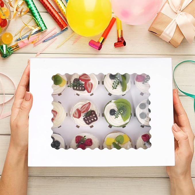 Pre-folded 12 count Cupcake Boxes, 15-Set Cupcake Container with Window Transport Holders Holding 180 pastry Box for Birthday, Holiday, Party Bakery Supplies 12.8" x 9.8" x 3.54" (White-15 Pack)