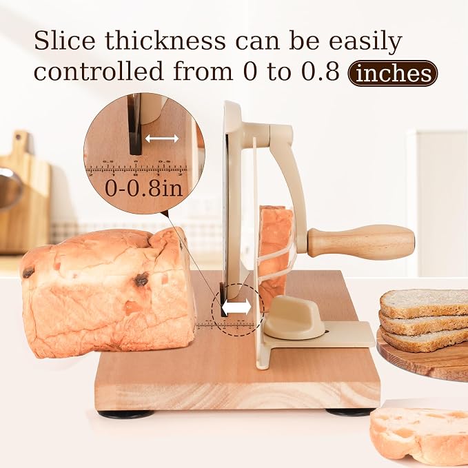 Upgraded Manual Bread Slicer for Homemade Sourdough Bread with Measurement Marks, Adjustable 0"-0.8" Thickness Hand Crank Bread Slicer with Suction Cup for Even Slicing,Kitchen and Commercial, White