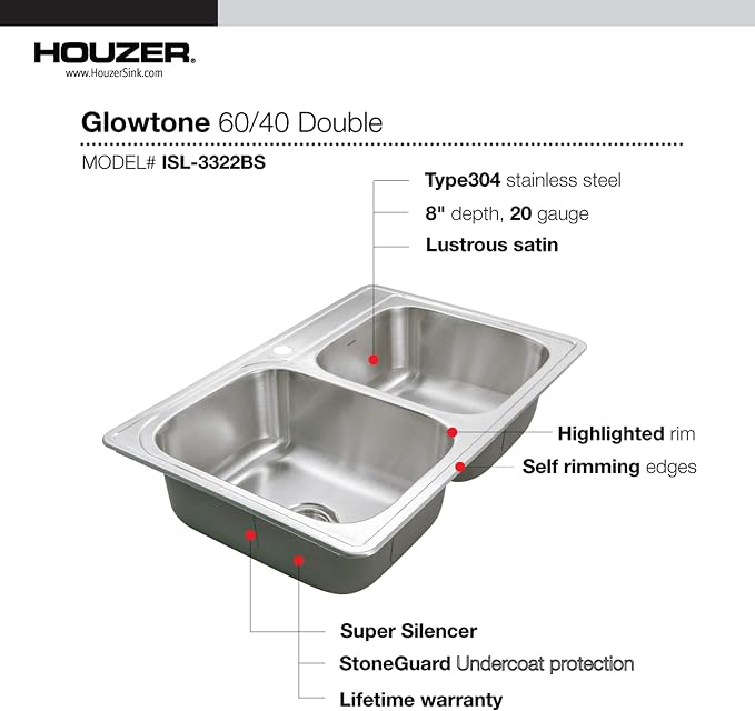 Houzer Glowtone Stainless Steel Kitchen Sink: 33 Inch Topmount 3-Hole 60/40 Double Bowl Kitchen Sink with Strainers & Grids, Durable & Versatile, Essential for Home & Apartment: ISL-3322BS3-C