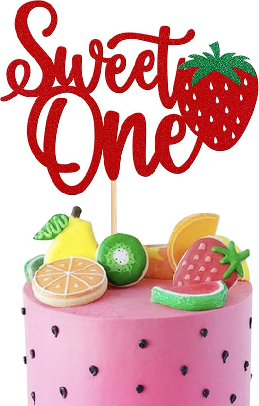 1 Pack Sweet One Cake Topper Glitter First Birthday Strawberry Cake Pick for Fruit Baby Shower 1st Birthday Berry Sweet Cake Decoration For Birthday Party Supplies Red