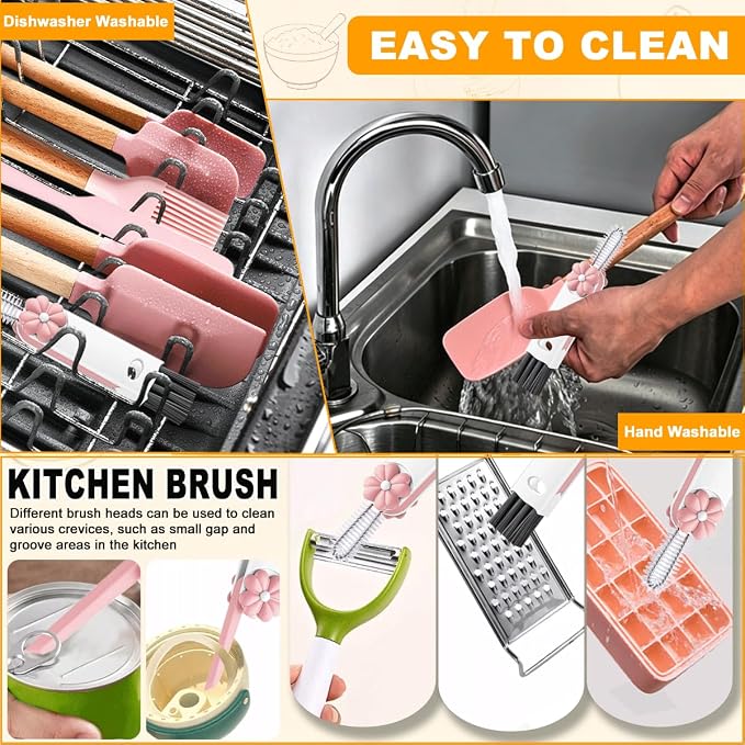 Silicone Spatula Set - 7 Piece Food Grade Rubber Spatula, Heat Resistant Up to 600°F, Wooden Handle Kitchen Utensils Set for Cooking, Baking & Mixing, Jar, Non-Stick Silicone Utensil Pink