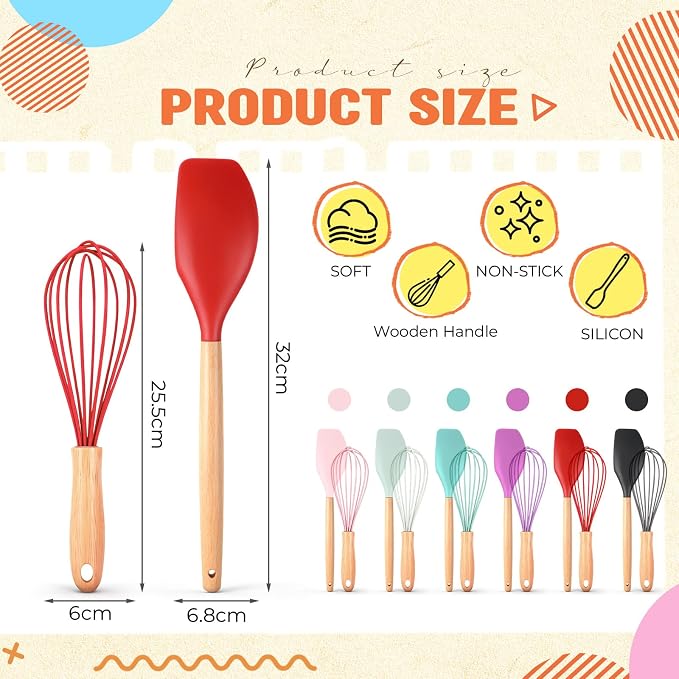 Funnymoom 24 Pcs Small Silicone Whisks and Spatulas with Wooden Handle for Cooking 10 Inch Mini Whisk Spatula Non Stick Kitchen Baking Essentials Cookware for Valentines Day Party Favor Gift Supplies