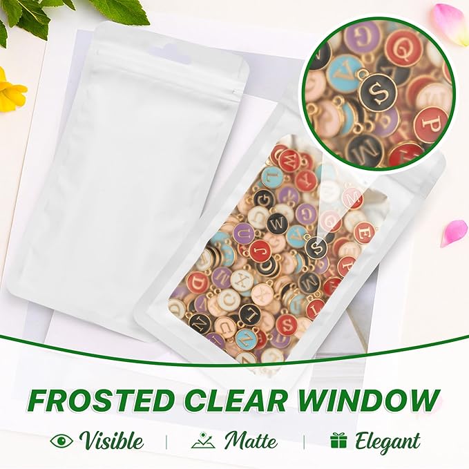 ANZNKU 100 PCS Resealable Mylar Bags with Frosted Clear Window Packaging Bags Foil Pouch Zipper Bag for Food Self Sealing Storage Supplies (3.54x6.29, White)