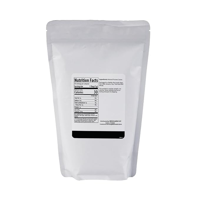 Minimalist Natural Cocoa Powder with 10-12% Cocoa Butter, Perfect for Baking and Hot Chocolate, Packaged for Convenience in a Resealable Bag (1 Pound)