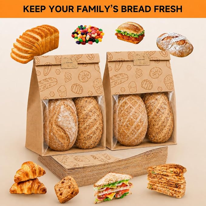 Extra Large Bread Bags for Homemade, 50 Count, 50% Thicker Sourdough Paper With Ties, 15.7 * 10.2 * 5.1 in, Tin Tie Tab Lock Bakery Bags With Window and Sealing Stickers for Storage Packaging Gifting