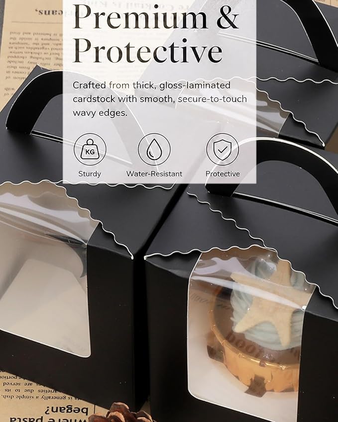 Bakepacker Auto-pop up Individual Cupcake Boxes with Window 60 Count Black Single Cupcakes Box 3.7 x 3.7 x 4.3inch Cupcake Carrier