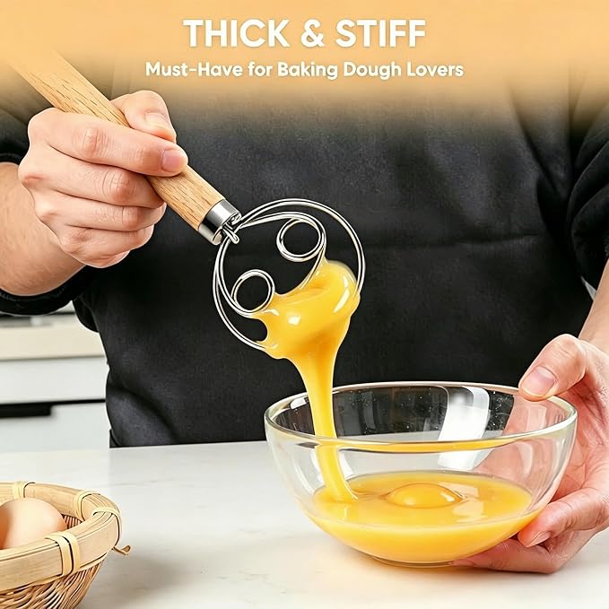 Maxjoy Danish Dough Whisk, Stainless Steel Wooden Handle, Dutch Hand Mixing Tool for Sourdough Pizza Bread Baking