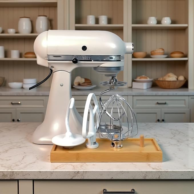 4 Stations Stand Mixer Attachment Holders for KitchenAid Mixer Accessories | As resting spot while switching attachments during dough mixing, Air dry tray after washing, Bamboo nature tray with 4 pegs
