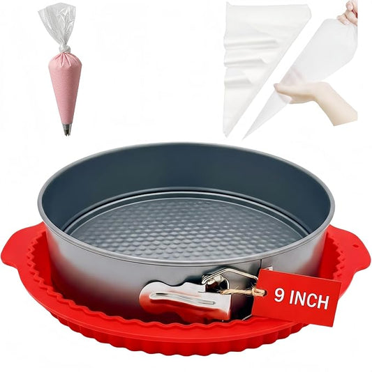 9 Inch Springform Pan with Silicone Water Bath Tray & 30 24-Inch Piping Bags – Nonstick Leakproof Cheesecake Pan, PFOA-Free, Oven & Air Fryer Safe 450°F, 24-Inch Pastry Bags