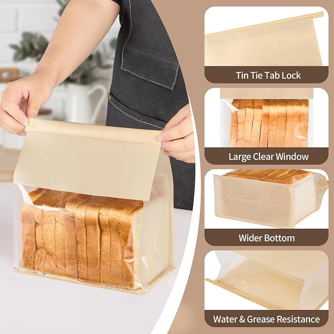 Ocmoiy 100Pcs Large Paper Bread Bags, Resealable Sourdough Bread Bags, Clear Front Tin Tie Tab Lock Bakery Storage Bag with Window Paper Treat Bag (8.7x4.3x11 Inch)