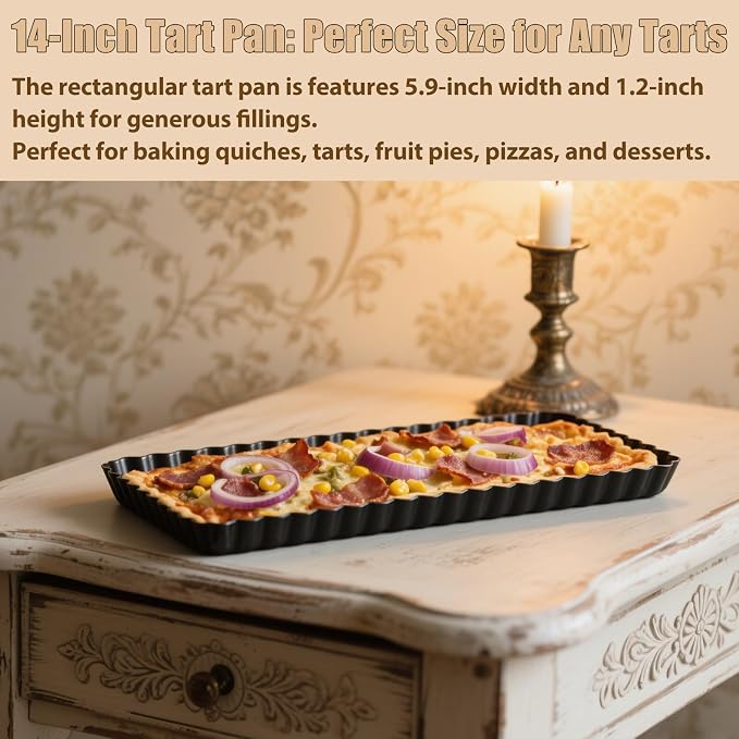 Rectangle Tart Pan with Removable Bottom, 14-Inch Quiche Pans Carbon Steel Tart Mold for Baking Pie (14.4in×4.7in×1.2in)