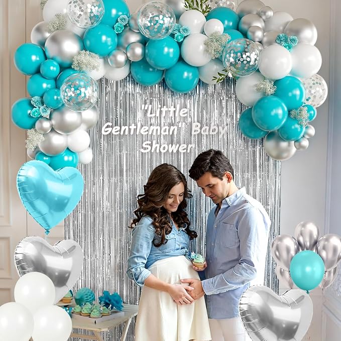 157PCS Teal Blue Silver White Balloons Garland Arch Kit with Silver Fringe Curtain for Boys Christening Birthday Bridal Baby Shower Engagement Wedding Party Decorations