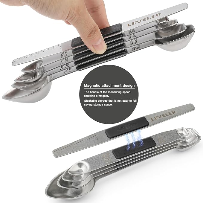 Magnetic Measuring Spoons Set Stainless Steel Double Sided Measuring Spoons with 1 Leveler Measuring Teaspoon Tablespoon for Dry and Liquid Ingredients (5, Black)
