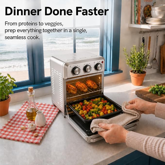 VAL CUCINA 6-in-1 Air Fryer Toaster Oven Combo, Compact 12.7 QT Small Countertop Convection Oven, Fits 9" Pizza & 4 Toast, Hexagon Hybrid Heating, Enamel Baking Pan Included, Stainless Steel Finish