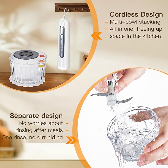 Glass Food Processor Small, USB Charging Wireless Electric Meat Grinder with 4 Blades & 4 Bowls (1x8 Cup+3x0.5 Cup), Mini Chopper Food Processor for Home Use, Onion, Garlic, Ginger, Baby Food