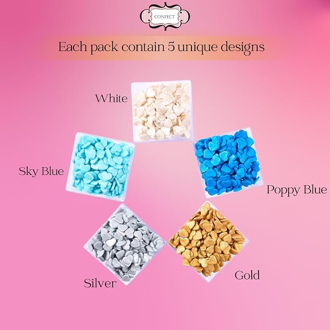 Confect Sprinkle- Blue, Gold, White & Silver Edible Sprinkle Mix | Pack of 5 for Cakes, Cookies, Cupcakes & Baking Decor |Frozen-Themed Heart Sprinkles | Birthday & Party Toppings | Vegan, Gluten-Free – 5 Oz