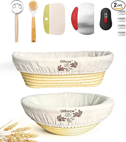Banneton Bread Baskets,10"Round &11"Oval Proofing Basket with Liners & Covers,Bread Lame,Dough Whish,Brush,Bowl Scraper and Stainless Steel Scraper, for Home & Professional Bakers Baking Tool