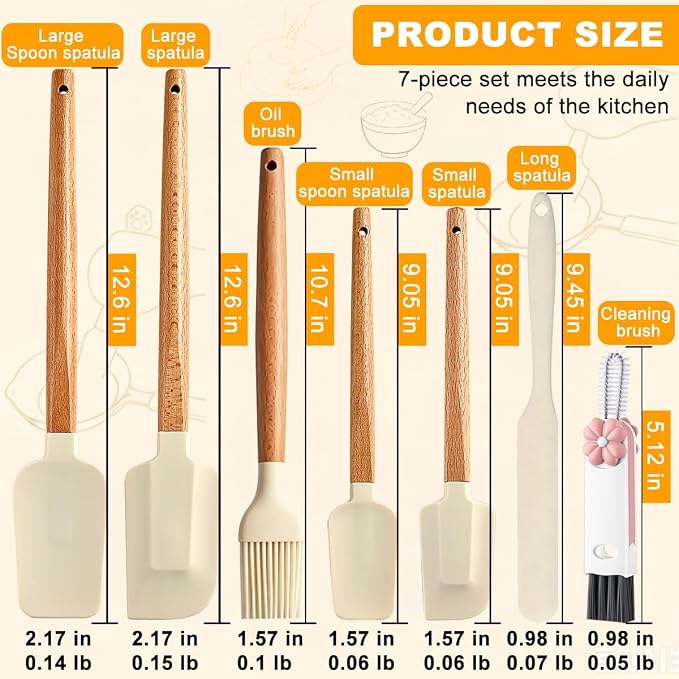 Silicone Spatula Set - 7 Piece Food Grade Rubber Spatula, Heat Resistant Up to 600°F, Wooden Handle Kitchen Utensils Set for Cooking, Baking & Mixing, Jar, Non-Stick Silicone Utensil White