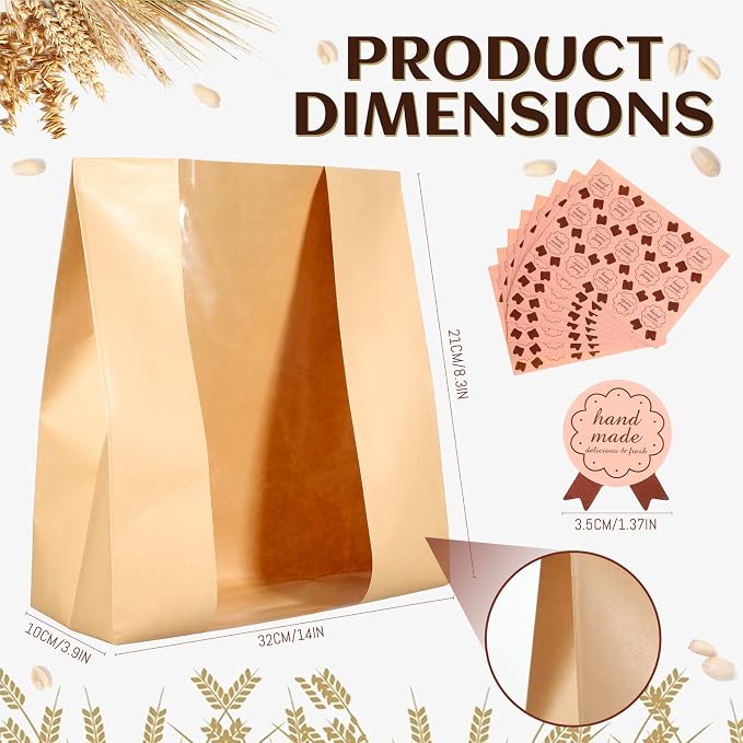 Meanplan 150 Pcs Bakery Bags with Window Large Paper Bread Bags Bulk for Homemade Bread Kraft Packaging with 10 Sheets Stickers for Sourdough Loaf Cookie Food 12 x 8.3 x 3.5 Inch