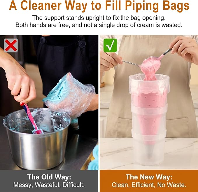 Hands-Free Piping Bag Holder Stand for Filling, Translucent Plastic Icing Bag Rack with 10 Pack Silicone Retaining Rings & Piping Tip Converter, Cake Decorating Baking Accessories