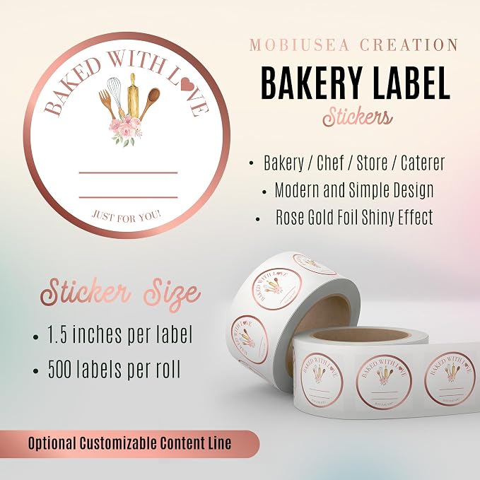 Mobiusea Creation Rosegold Baked with Love Stickers | 1.5 Inch 500pcs Packaging Labels for Baked Goods, Bakery Label Roll, Bread Sticker, Cookie Packaging & Baking Business Essentials