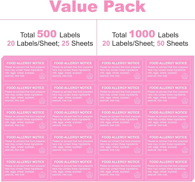 1000 pcs Food Allergy Stickers, 1x2 Inch Food Labels for Food, Bakery, Cookie, Kitchen