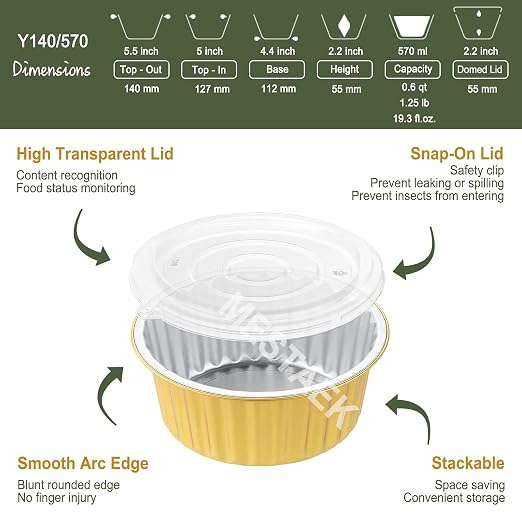 19oz Round Aluminum Foil Containers with Lids, 5 Pack | 5.5 Inch Round, Heavy Duty Foil, Ideal for Food Storage, Meal Prep and Soup
