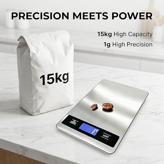 33lb/15kg Digital Food Scale for Kitchen, Measuring Recipes, Meat, Pet Care | 1g High Precision Stainless Steel Scale with Timer, Tare & Unit Conversion (g/oz/ml/lb) for Baking, Coffee, Bread, Meat