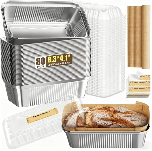 Gyreuni 80 Pack Aluminum Loaf Pans with Lids Stickers and Parchment Paper Sheets,2.4Lb Heavy Duty Aluminum Foil Premium Bread Tins - 8.3" X 4.1" X 2.2" Disposable Baking Pans