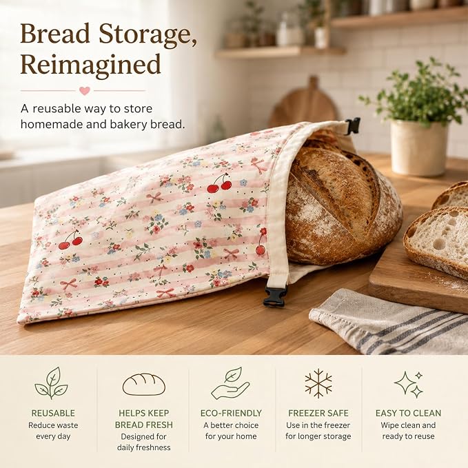 Bread Bags for Homemade, Natural Beeswax Bread Bag 2 Pack XL 13x17 Inch, Reusable Organic Cotton Linen Storage Bags, Beeswax Bread Bags for Sourdough, Keeps Bread Fresh Longer (Cherries)