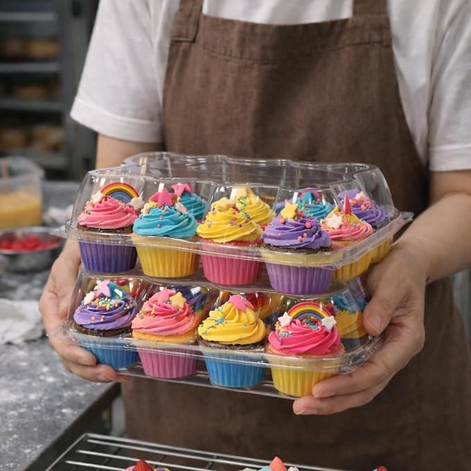 WIKDAY (12 Count x 12 Sets Plastic Cupcake Containers with Liners, Clear Cupcake Holder with Lids, Disposable Cupcake Carrier for Bakery, Cupcake Storage Box for Parties, Bake Sale Packaging