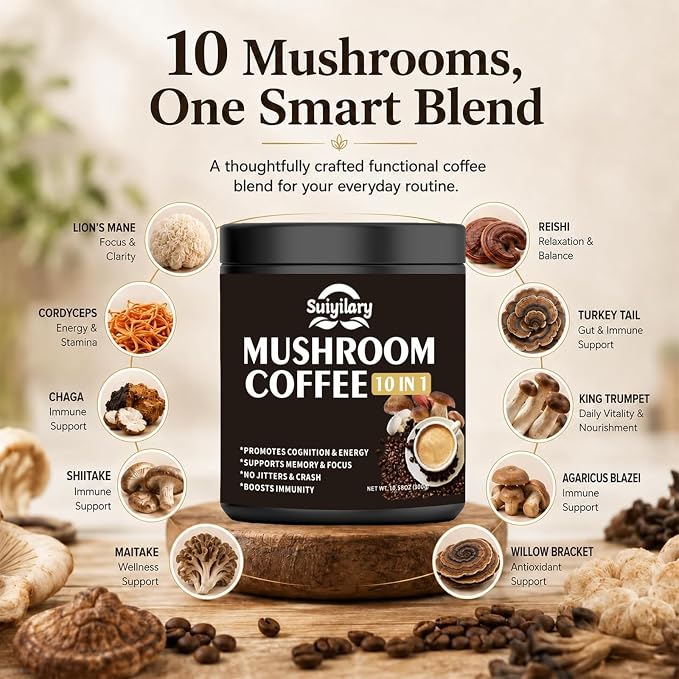 Suiyilary Mushroom Coffee, 10 Mushroom Extract Powder Blend Lion's Mane, Reishi, Chaga, Cordyceps, Turkey Tail, Brain Supplements with Instant Coffee for Energy, Focus, Memory and Immunity 300g