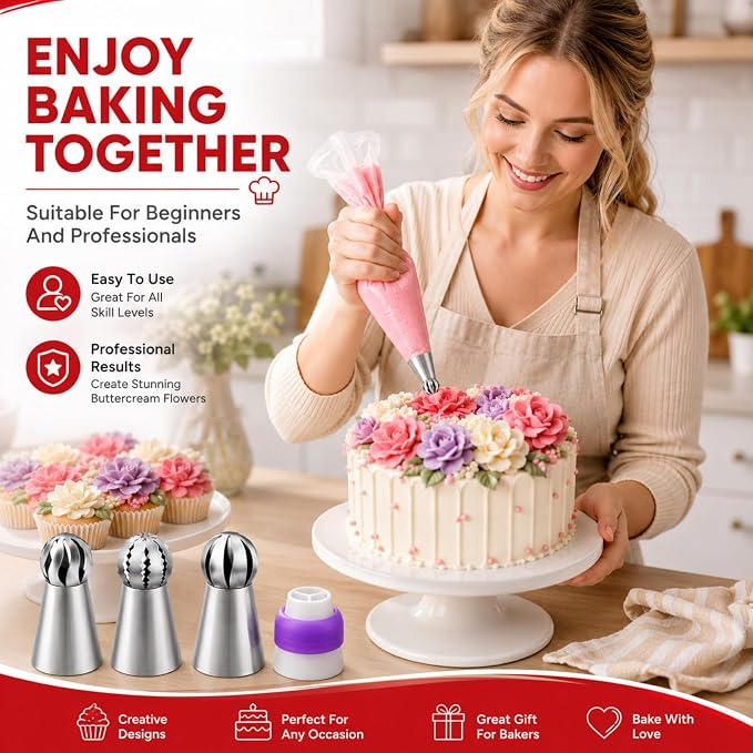 3 Pcs Ball Russian Piping Tips & 1 Couplers,Cake Decorating Supplies Piping Tips,For Cookie And Cake Decorating,Birthday Cake, Cupcake,Diy Cream Baking Tools