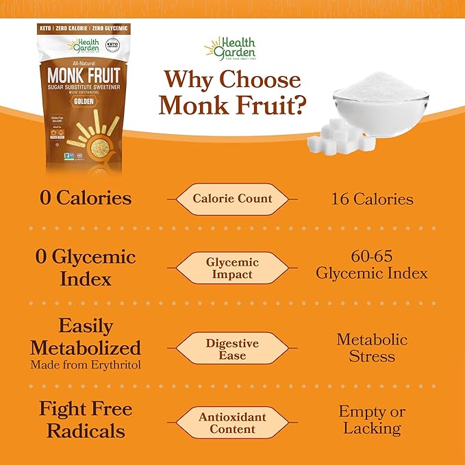 Health Garden Monk Fruit Sweetener, Golden, 15oz Bag – 1:1 Monk Fruit Sugar Substitute with Erythritol – Zero Calorie Monkfruit Sweetener Pure – Ideal for Baking, Keto Friendly, Non-GMO, Kosher