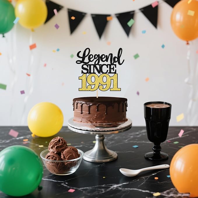 1 PCS Legend Since 1991 Cake Topper Black Gold Glitter Thirty Five Happy 35th Birthday Cake Pick Hello 35 Cheers to 35 Years Cake Decoration for 35th Birthday Anniversary Party Decorations Supplies