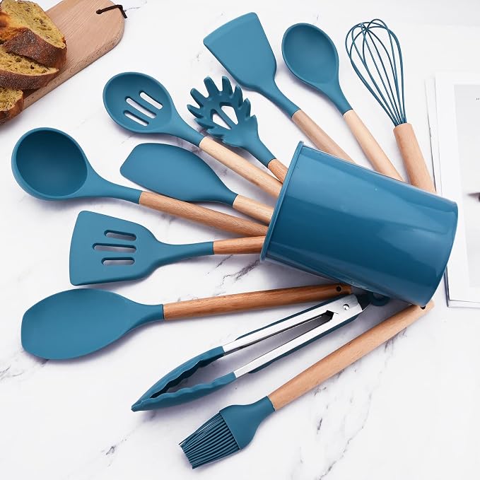 1pc Blue Silicone Solid Turner with Wooden Handle, Heat Resistant Kitchen Spatulas, Ideal Cookware for Frying, Baking, Flipping, Turning, Fish, Eggs, Meat.