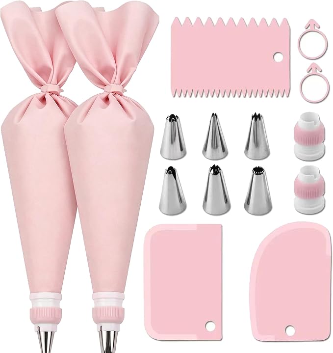 15 PCS Cake Decorating Supplies Set with 2 Reusable Superflex Piping Bags, 6 Stainless Steel Icing Tips, 3 Cake Scrapers, 2 Couplers and Ties for Beginners,Pink