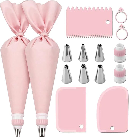 15 PCS Cake Decorating Supplies Set with 2 Reusable Superflex Piping Bags, 6 Stainless Steel Icing Tips, 3 Cake Scrapers, 2 Couplers and Ties for Beginners,Pink