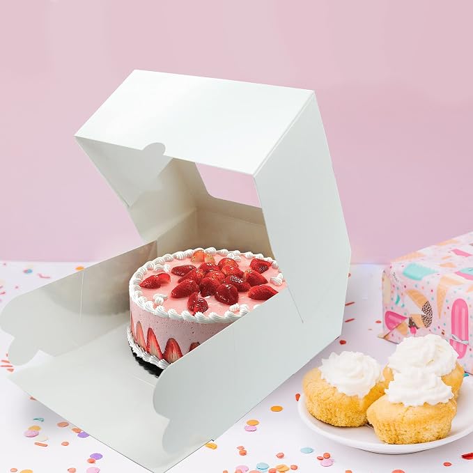Cake Boxes 8x8x4 Inch 25 Pack with Window, 30 Bonus Sticker, Auto Popup, Extra Thick, Oil Resistant, Ideal for Cookie, Pie, Treat, Pastry, Bakery,For Home Cooker and Restaurant, White