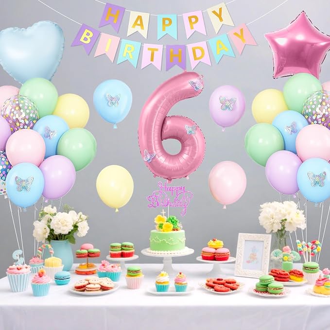 Pastel 6th Birthday Decorations for Girl,Macaron Rainbow 6th Party Decoration Pink Blue Purple Green Yellow Colorful Balloons Banner Star Heart Number 6 Foil Balloon Cake Topper Butterfly Stickers