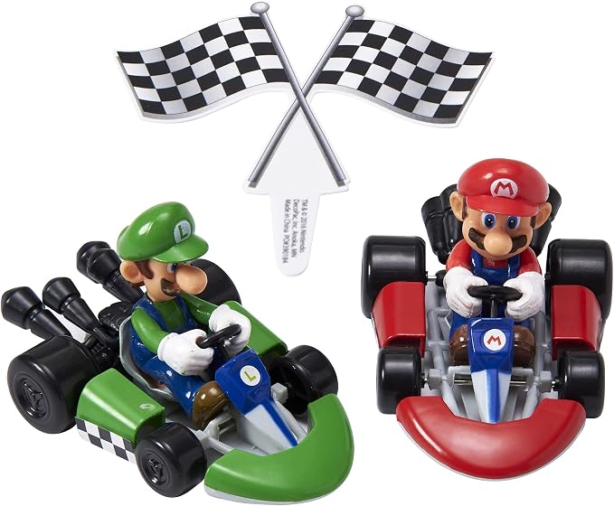 DecoSet® Mario Kart™ Cake Topper, 3 Piece Cake Decoration with Race Kart Toppers & Checkered Flag Decoration, Collectible Character Karts for Hours of Fun After the Party