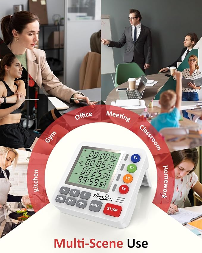 Digital Kitchen Timer for Cooking - 4 Channel Count Up Countdown Timer with Loud Alarm and Silent Mode, Large Display, Magnetic Back, Auto Memory for Classroom Study Gym, Battery Included (White)